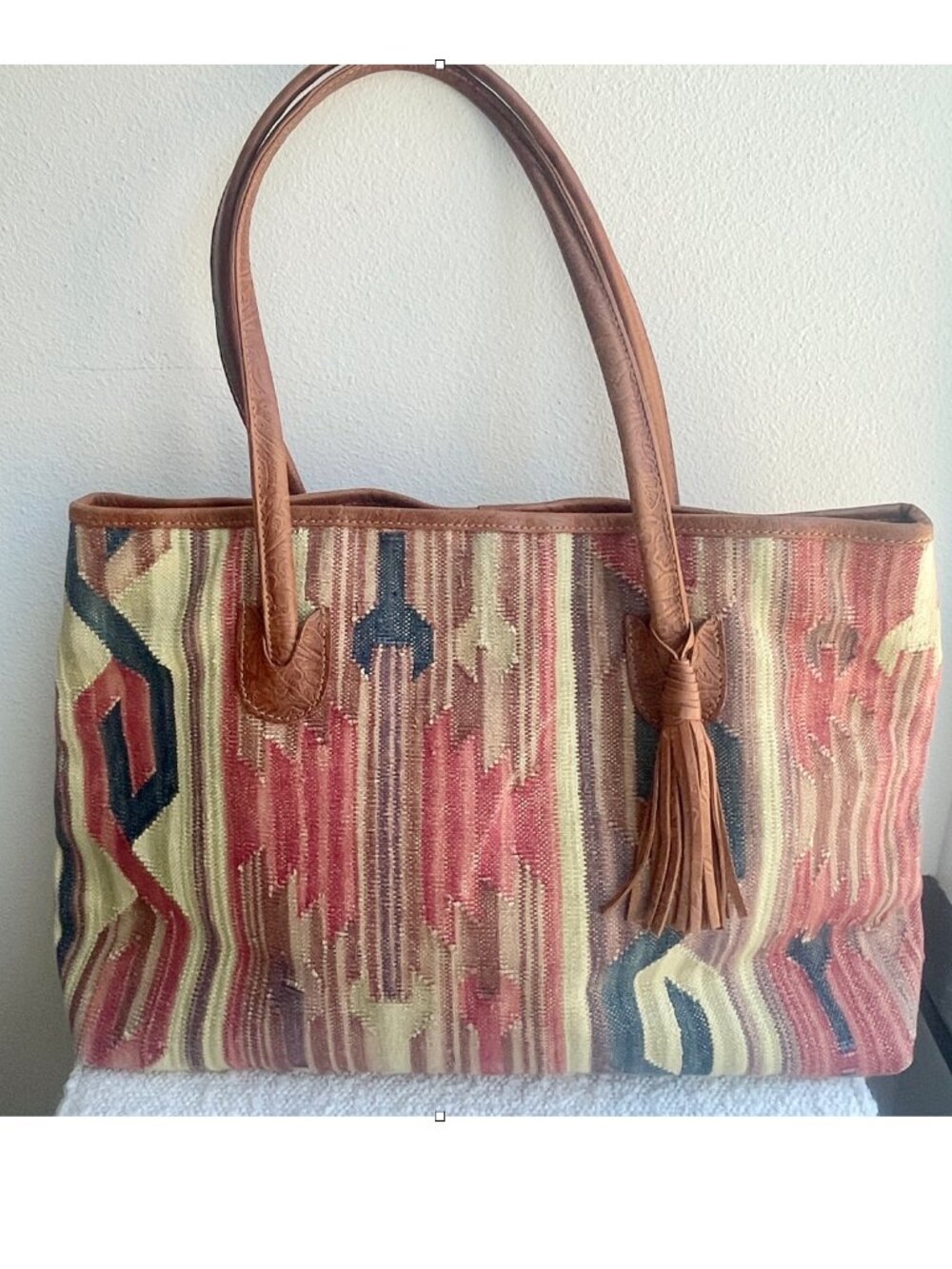 Handcrafted Kilim Tote Bag Wool & Tooled Leather Southwestern Boho